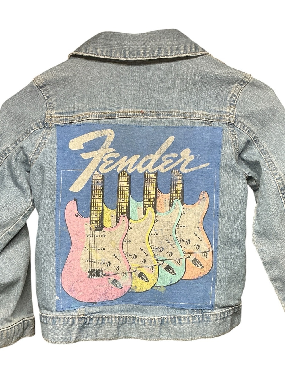 Fender Electric Guitar Upcycled Denim Jacket Unisex 7 Band Grunge 80s